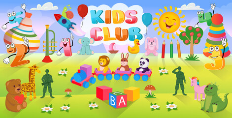 Landscape with islands, mountains. Cartoon background with lots of toys for kids.The concept of a children's playroom, birthday, kids club, kindergarten, school