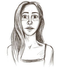 Surprised girl. Portrait of a frightened, shocked young woman. Sketch style. Black and white illustration. Faces with different emotions, set.