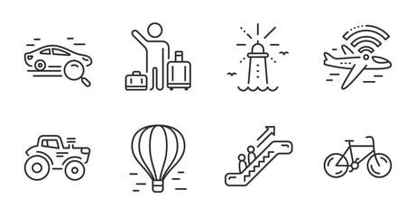 Tractor, Lighthouse and Escalator line icons set. Airport transfer, Bicycle and Air balloon signs. Search car, Airplane wifi symbols. Farm transport, Navigation beacon, Elevator. Vector