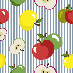 Juicy apples seamless pattern, a collection of colorful apples on striped background, apple slices, summer fruits repeat pattern, apple delight, healthy fresh food, childish illustration style  