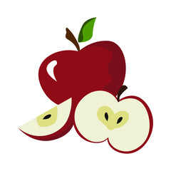 Red cartoon apples, apple slices, apple cut in half, juicy healthy fruits, vitamins