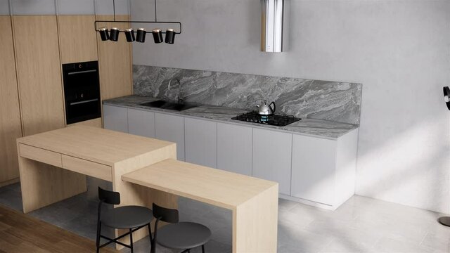 Modern Scandinavian kitchen interior design Japandi style 3d animation video 4k