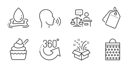 Shopping bag, Gift and Ice cream line icons set. Human sing, Sale tags and 360 degrees signs. Court judge, Water splash symbols. Paper package, New year, Sundae cup. Business set. Vector