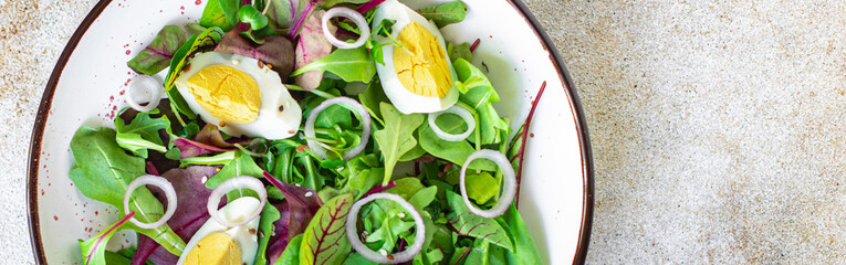 fresh summer salad egg vegetables green leaves mix spinach, arugula, lettuce wholesome food healthy meal snack copy space food background top view veggie vegetarian