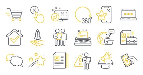 Set of Business icons, such as Laptop password, Typewriter, Crowdfunding symbols. Delivery shopping, Cv documents, Vacancy signs. Vip phone, Pay money, 360 degrees. Megaphone, Survey. Vector