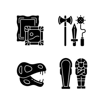 Archaeological excavation black glyph icons set on white space. Paintings. Knight weapons. Dinosaur skeleton. Egyptian sarcophagus. Portraiture. Silhouette symbols. Vector isolated illustration