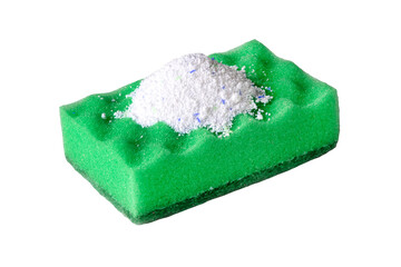 Green household kitchen dishwashing cleaning sponge with cleaning powder isolated on white background