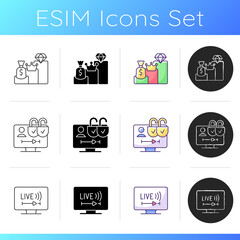 Broadcast services icons set. Annual, monthly subscriptions. Multiple viewer profiles. Live TV. Programs broadcasting in real-time. Linear, black and RGB color styles. Isolated vector illustrations
