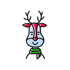 Christmas deer sketch. Doodle line web icon. New Year festive vector handdrawn color illustration for greeting card
