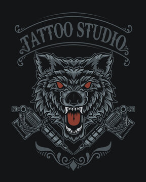 illustration wolf tattoo studio logo