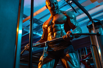 Fototapeta na wymiar Bodybuilder athlete trains in the gym. Sporty muscular guy with training apparatus. Sport and fitness motivation. Individual sports recreation with bodybuilding.