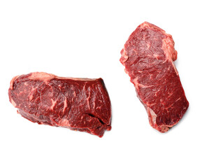 raw piece of beef steak on a white background, classic sirloin barbecue
