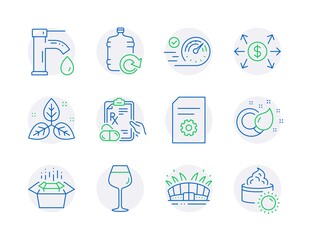 Business icons set. Included icon as Tap water, Paint brush, Arena stadium signs. Refill water, Speedometer, Packing boxes symbols. Bordeaux glass, Fair trade, Prescription drugs. Vector