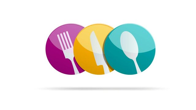 Three plates, with cutlery. Concept of cooking and restaurant. Animated illustration, 4k footage