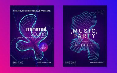 Neon edm flyer. Electro trance music. Techno dj party. Electronic sound event. Club dance poster.