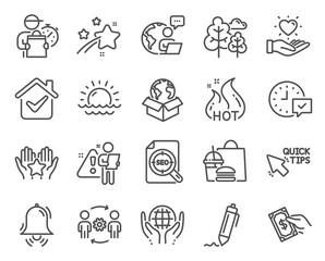 Business icons set. Included icon as Hold heart, Quick tips, Tree signs. Signature, Pay money, Sunset symbols. Hot sale, Engineering team, Clock bell. Seo file, Ranking, Select alarm. Vector