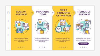 Consumer behavior patterns onboarding vector template. Responsive mobile website with icons. Web page walkthrough 4 step screens. Purchase place, frequency color concept with linear illustrations