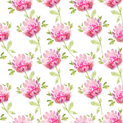 seamless pattern with delicate pink flowers on a white background, watercolor illustration hand painted	
