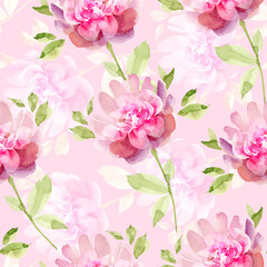 seamless pattern with delicate flowers on a pink background, watercolor illustration hand painted	
