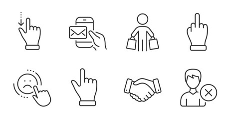 Dislike, Touchscreen gesture and Messenger mail line icons set. Click hand, Middle finger and Remove account signs. Buyer, Employees handshake symbols. Quality line icons. Dislike badge. Vector