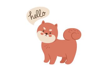 Greetings card with cute shiba inu. Vector graphics.