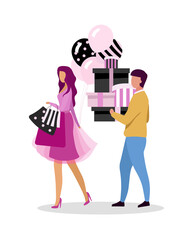 Couple going shopping together flat color vector faceless characters. Clothing on sale. Obsessive passion for mall purchases isolated cartoon illustration for web graphic design and animation