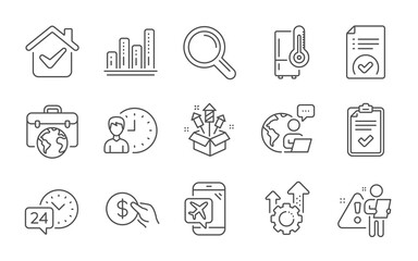 Research, Fireworks rocket and Payment line icons set. Refrigerator, Checklist and Seo gear signs. Businessman case, Approved document and Working hours symbols. Line icons set. Vector
