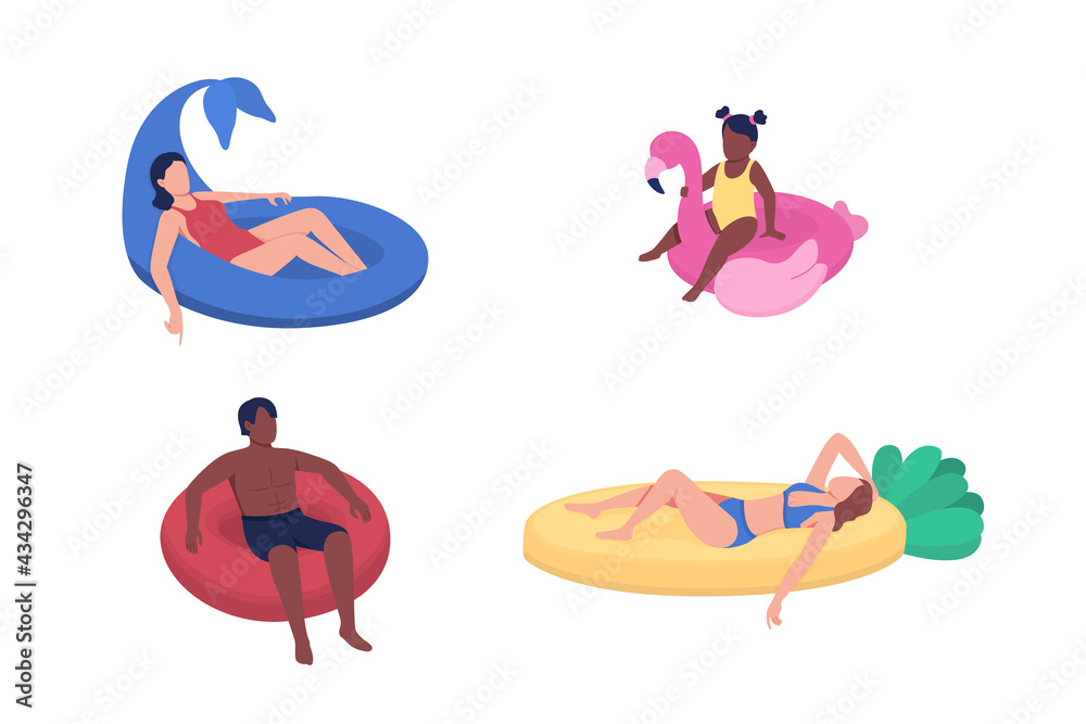 Poster youngsters floating in inflatable floats flat color vector faceless characters set. relaxing in swim