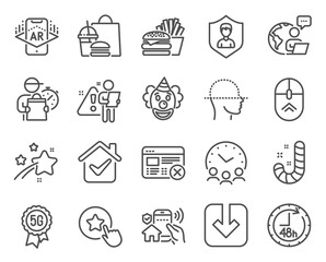 Business icons set. Included icon as Augmented reality, Reject web, Swipe up signs. Meeting time, 48 hours, Load document symbols. Burger, Face scanning, Clown. Candy, House security. Vector