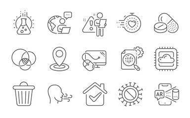 Trash bin, Location and Breathing exercise line icons set. Coronavirus, Cloud computing and Chemistry lab signs. Timer, Medical drugs and Computer mouse symbols. Line icons set. Vector