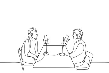 two men are sitting opposite each other wearing over-ear headphones in front of professional microphones - one line drawing. concept of podcast recording, radio interviews, online streaming