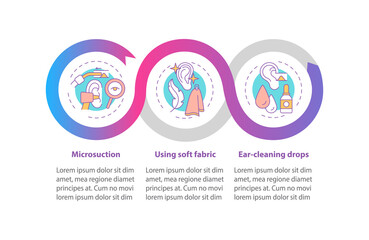 Ear care methods vector infographic template. Microsuction, irrigation presentation design elements. Data visualization with 3 steps. Process timeline chart. Workflow layout with linear icons