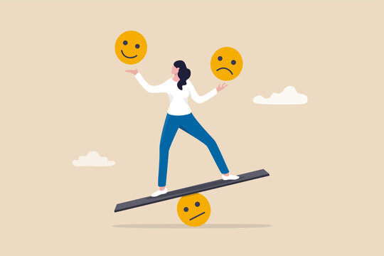 Emotional intelligence, balance emotion control feeling between work stressed or sadness and happy lifestyle concept, mindful calm woman using her hand to balance smile and sad face.
