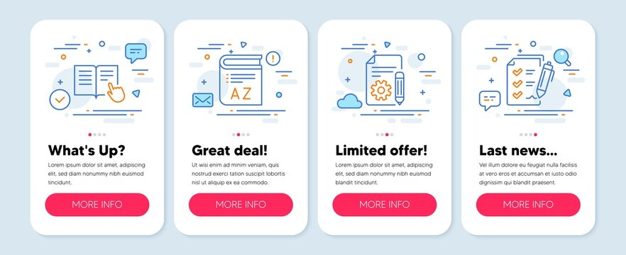 Set of Education icons, such as Vocabulary, Documentation, Read instruction symbols. Mobile screen mockup banners. Survey checklist line icons. Book, Project, Opened book. Report. Vector