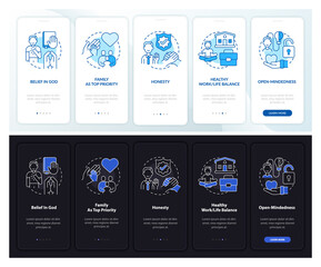 Intimate values onboarding mobile app page screen with concepts. Belief in God walkthrough 5 steps graphic instructions. UI, UX, GUI vector template with linear night and day mode illustrations