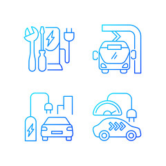 Electric vehicle charging gradient linear vector icons set. Different types of charging stations for electromobiles. Thin line contour symbols bundle. Isolated vector outline illustrations collection