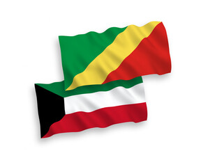 National vector fabric wave flags of Republic of the Congo and Kuwait isolated on white background. 1 to 2 proportion.