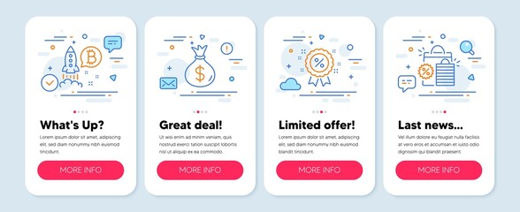 Set of Finance icons, such as Bitcoin project, Money bag, Discount symbols. Mobile screen banners. Shopping bags line icons. Cryptocurrency startup, Usd currency, Sale shopping. Sale discount. Vector