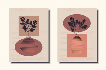 Set of fashion posters. Plant in a vase. Vector illustration.