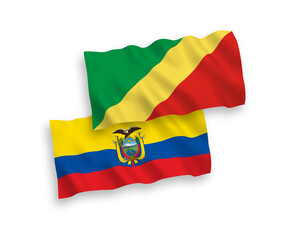 National vector fabric wave flags of Republic of the Congo and Ecuador isolated on white background. 1 to 2 proportion.