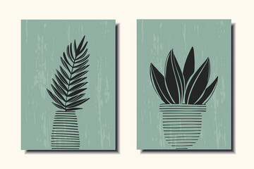 A set of beautiful posters. Flower in a pot. Plant in a vase. Abstraction. Vector illustration.