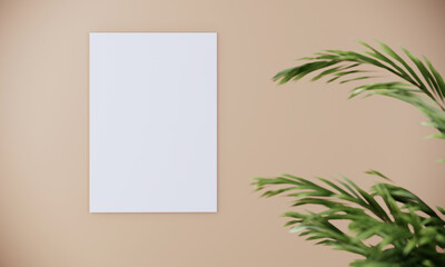 Blank picture frame mock up on beige wall with plant foreground, 3d rendering background