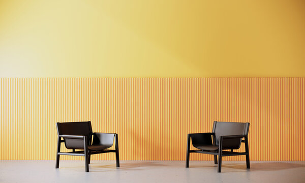 modern room interior with yellow wall and black armchairs, 3d rendering waiting room interior design and decoration.