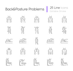 Back and posture problems linear icons set. Spinal abnormalities. Maintaining natural alignment. Customizable thin line contour symbols. Isolated vector outline illustrations. Editable stroke - obrazy, fototapety, plakaty