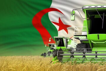 industrial 3D illustration of 3 green modern combine harvesters with Algeria flag on rye field - close view, farming concept