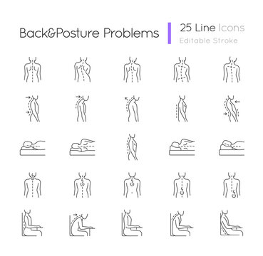Back and posture problems linear icons set. Spinal abnormalities. Maintaining natural alignment. Customizable thin line contour symbols. Isolated vector outline illustrations. Editable stroke