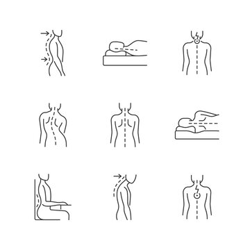 Back and posture problems linear icons set. Lumbar lordosis. Incorrect sleeping position. Neck pain. Customizable thin line contour symbols. Isolated vector outline illustrations. Editable stroke