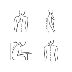 Bad posture problems linear icons set. Head tilt. Flatback syndrome. Slouching. Neck pain. Customizable thin line contour symbols. Isolated vector outline illustrations. Editable stroke - obrazy, fototapety, plakaty
