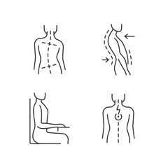 Bad posture problems linear icons set. Uneven hips and shoulders. Swayback posture. Muscle spasms. Customizable thin line contour symbols. Isolated vector outline illustrations. Editable stroke