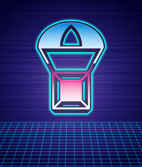 Retro style Box flying on parachute icon isolated futuristic landscape background. Parcel with parachute for shipping. Delivery service, air shipping. 80s fashion party. Vector